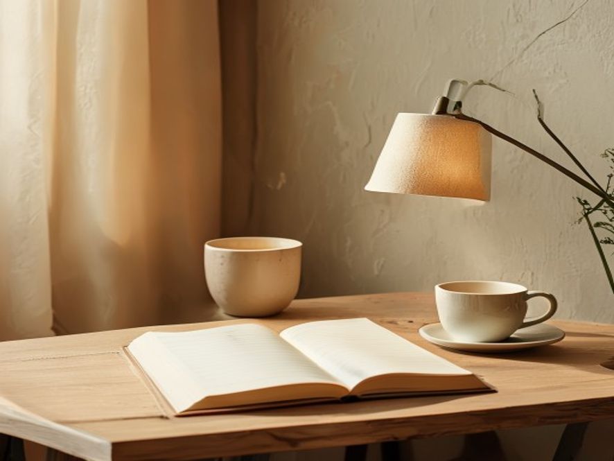 Thoughtful workspace with notebook and warm ambient lighting