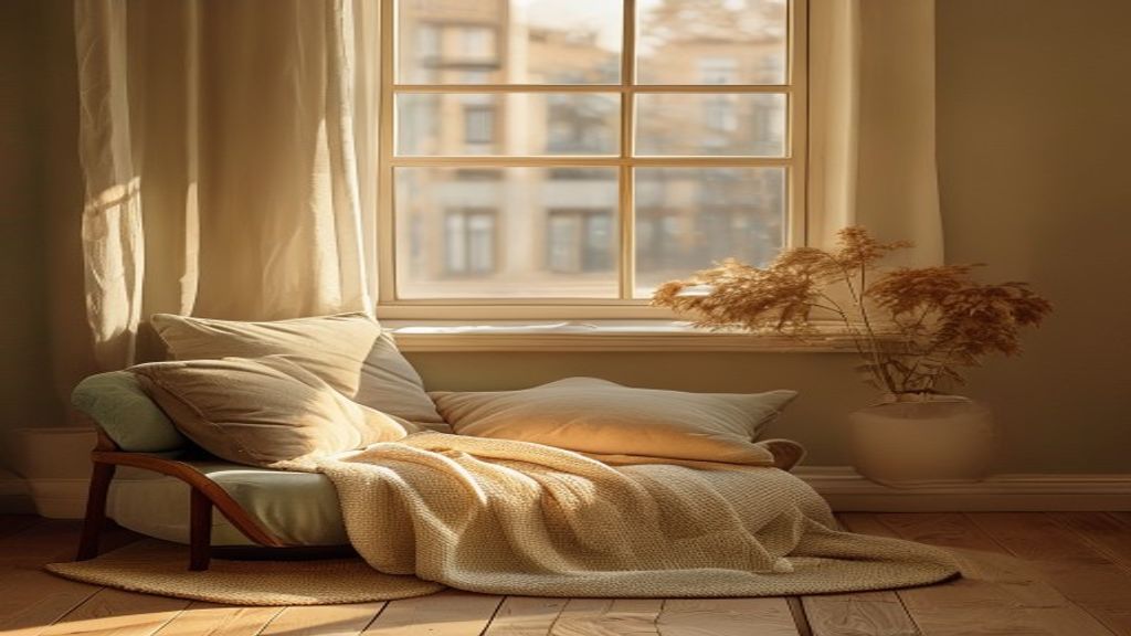 Warm evening space with soft lighting and comfort items