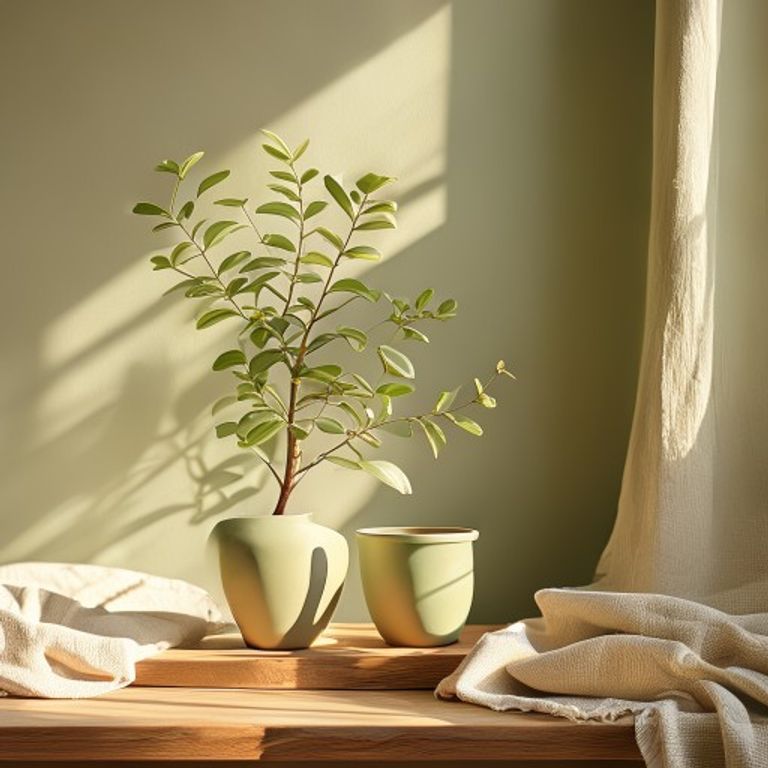 Fresh green potted plants on bedroom shelf with soft light