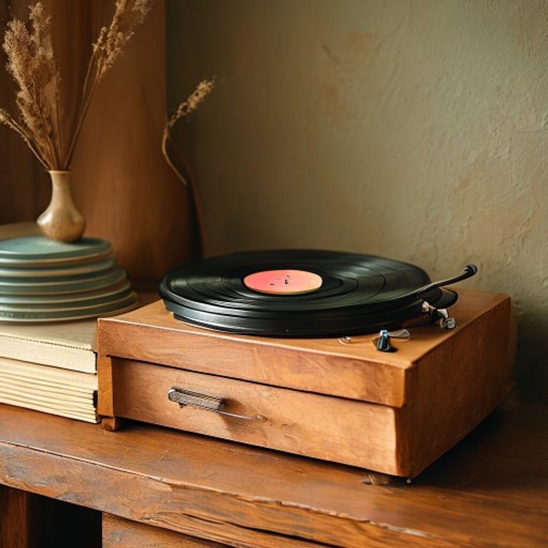 Vintage record player and vinyl record collection in warm lighting