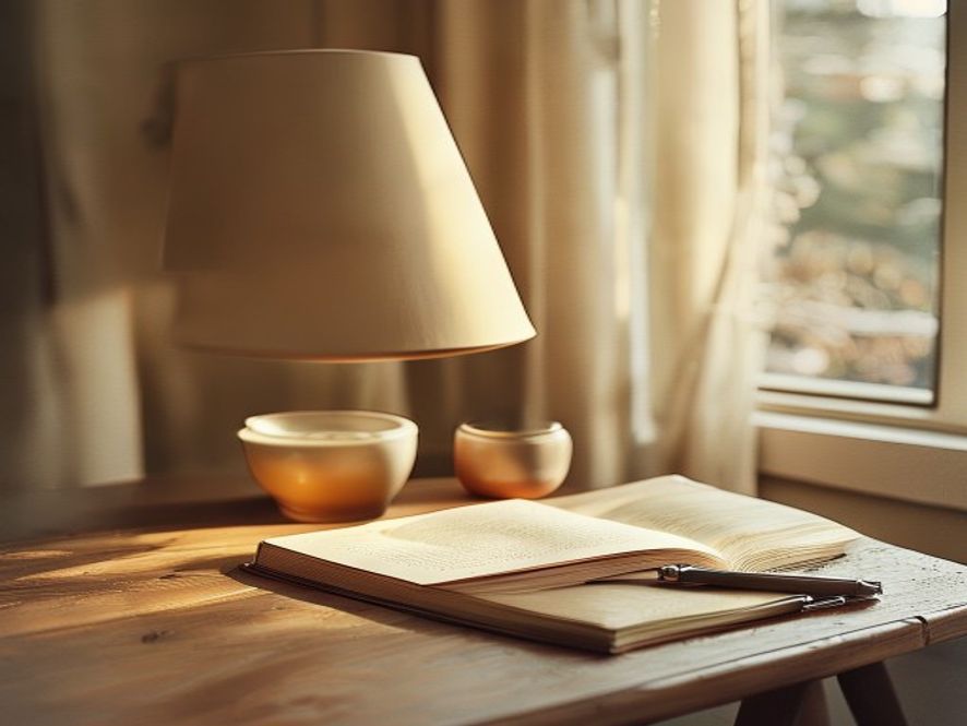 Soft warm lamp on evening table with candle and journal