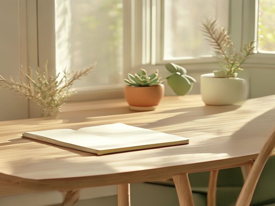 Organized desk workspace with natural light and minimal clutter